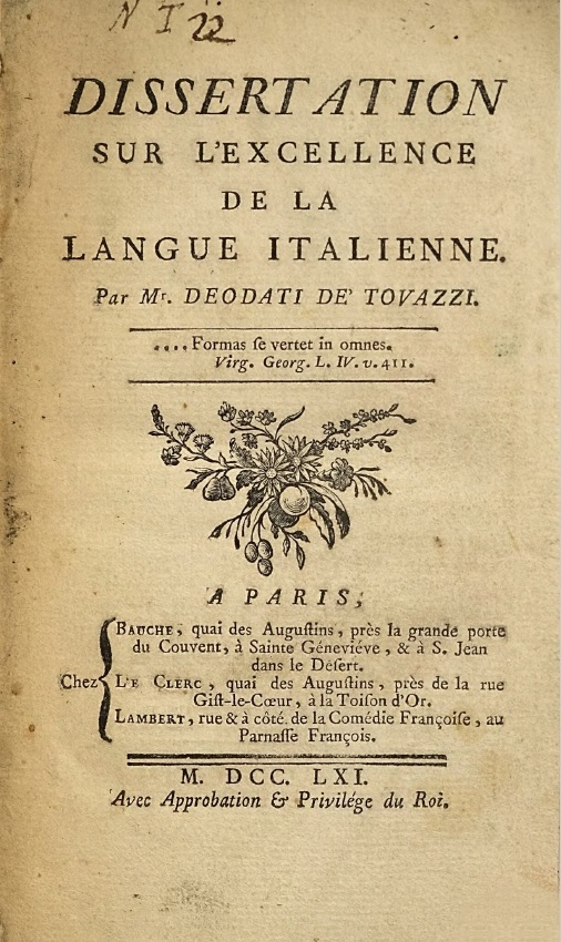 VOLTAIRE, Deodati de' Tovazzi: DISSERTATION SUR L'EXCELLENCE DE LA LANGUE ITALIENNE (Francais language, Bauche, Le Clerc, Lambert (paris))